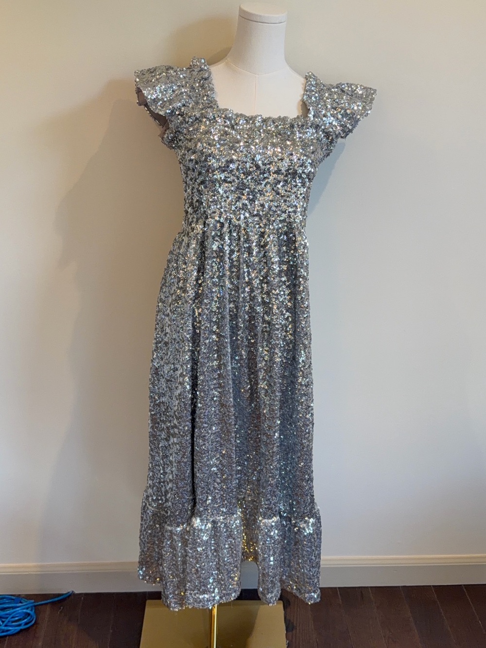 Hill House Silver Sequin Ruffle Sleeve Dress